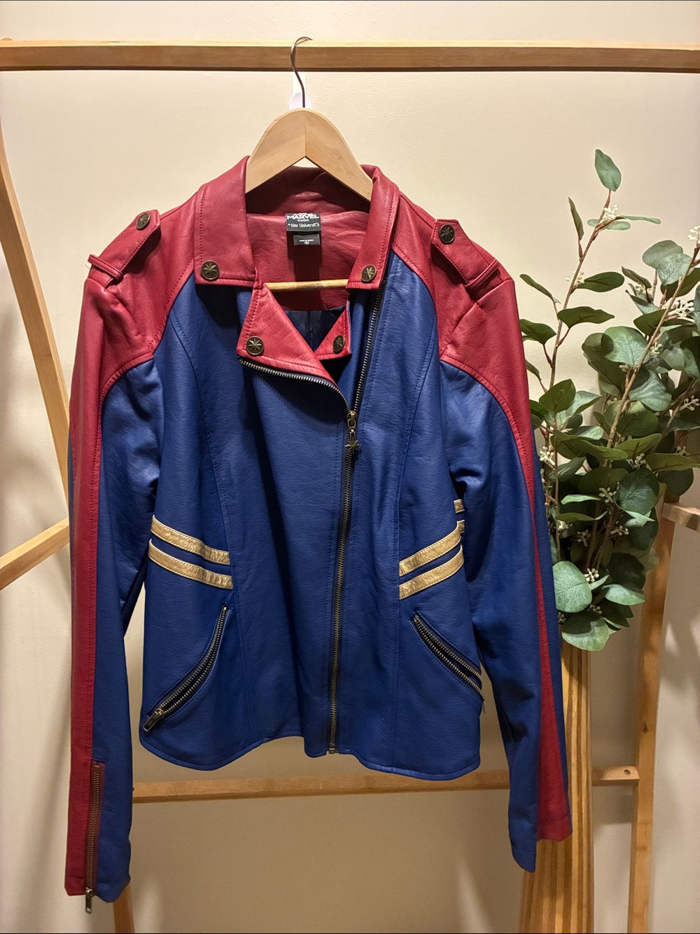Marvel Blue and Red Faux Leather Colorblock Jacket with Gold Trim